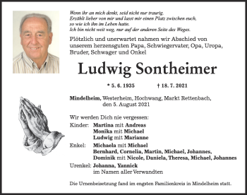 Traueranzeige von Ludwig Sontheimer von Mindelheimer Zeitung