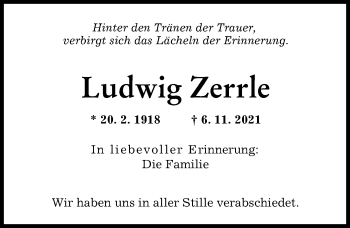 Traueranzeige von Ludwig Zerrle von Augsburger Allgemeine