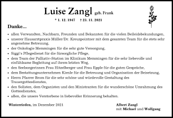 Traueranzeige von Luise Zangl von Memminger Zeitung