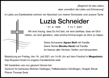 Traueranzeige von Luzia Schneider von Rieser Nachrichten