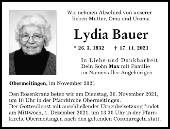Traueranzeige von Lydia Bauer von Schwabmünchner Allgemeine