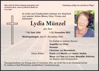 Traueranzeige von Lydia Münzel von Mindelheimer Zeitung