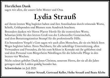 Traueranzeige von Lydia Strauß von Rieser Nachrichten
