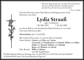 Traueranzeige von Lydia Strauß von Rieser Nachrichten