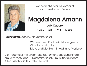 Traueranzeige von Magdalena Amann von Augsburger Allgemeine
