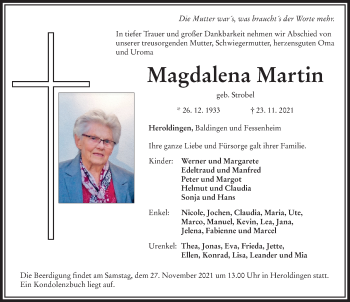 Traueranzeige von Magdalena Martin von Rieser Nachrichten