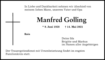 Traueranzeige von Manfred Golling von Donauwörther Zeitung