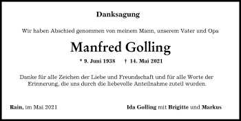 Traueranzeige von Manfred Golling von Donauwörther Zeitung