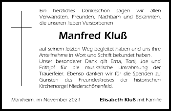 Traueranzeige von Manfred Kluß von Donauwörther Zeitung