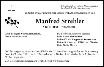 Traueranzeige von Manfred Strehler von Schwabmünchner Allgemeine