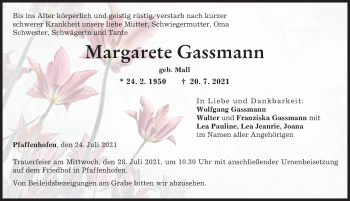 Traueranzeige von Margarete Gassmann von Neu-Ulmer Zeitung