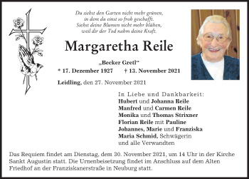 Traueranzeige von Margaretha Reile von Neuburger Rundschau