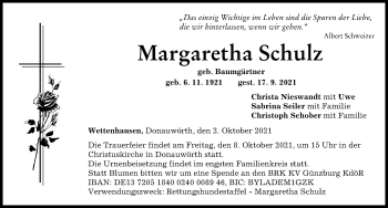 Traueranzeige von Margaretha Schulz von Donauwörther Zeitung