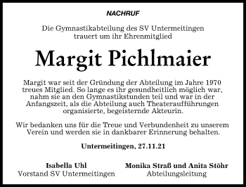 Traueranzeige von Margit Pichlmaier von Schwabmünchner Allgemeine