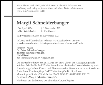 Traueranzeige von Margit Schneiderbanger von Mindelheimer Zeitung