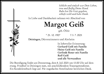Traueranzeige von Margot Geiß von Rieser Nachrichten