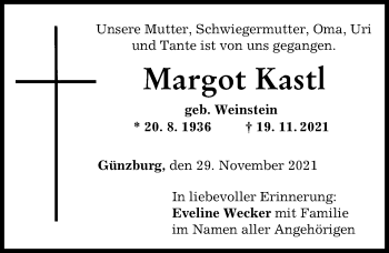 Traueranzeige von Margot Kastl von Günzburger Zeitung