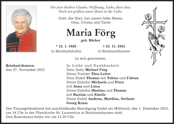 Traueranzeige von Maria Förg von Schwabmünchner Allgemeine, Augsburg-Land
