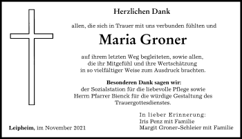 Traueranzeige von Maria Groner von Günzburger Zeitung