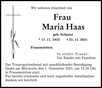 Traueranzeige von Maria Haas von Wertinger Zeitung