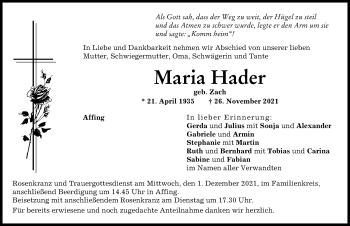 Traueranzeige von Maria Hader von Aichacher Nachrichten
