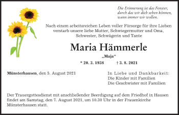 Traueranzeige von Maria Hämmerle von Mittelschwäbische Nachrichten, Günzburger Zeitung