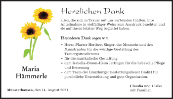 Traueranzeige von Maria Hämmerle von Mittelschwäbische Nachrichten, Günzburger Zeitung
