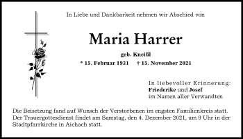 Traueranzeige von Maria Harrer von Aichacher Nachrichten