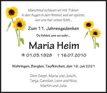 Traueranzeige von Maria Heim von Schwabmünchner Allgemeine