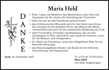 Traueranzeige von Maria Held von Neu-Ulmer Zeitung