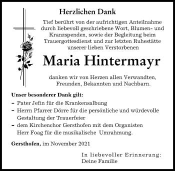 Traueranzeige von Maria Hintermayr von Augsburger Allgemeine