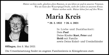 Traueranzeige von Maria Kreis von Günzburger Zeitung