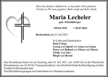 Traueranzeige von Maria Lecheler von Mittelschwäbische Nachrichten