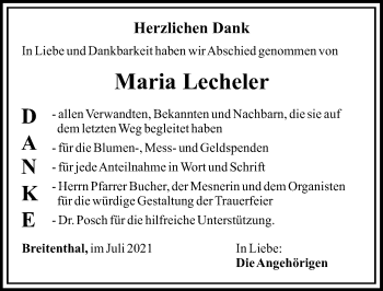 Traueranzeige von Maria Lecheler von Mittelschwäbische Nachrichten