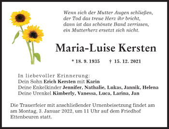 Traueranzeige von Maria-Luise Kersten von Günzburger Zeitung