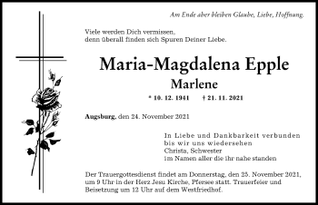 Traueranzeige von Maria-Magdalena Epple von Augsburger Allgemeine