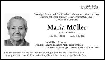 Traueranzeige von Maria Müller von Günzburger Zeitung