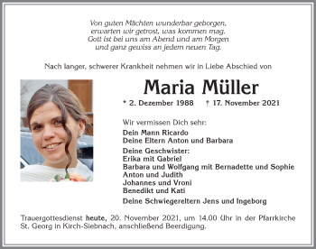 Traueranzeige von Maria Müller von Mindelheimer Zeitung