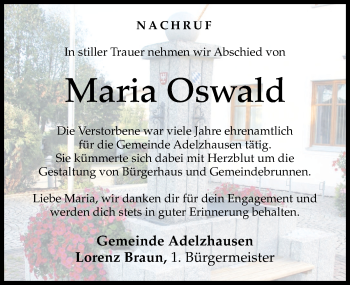 Traueranzeige von Maria Oswald von Friedberger Allgemeine, Aichacher Nachrichten