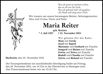 Traueranzeige von Maria Reiter von Donau Zeitung