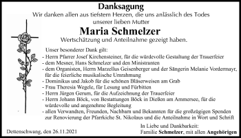 Traueranzeige von Maria Schmelzer von Ammersee Kurier