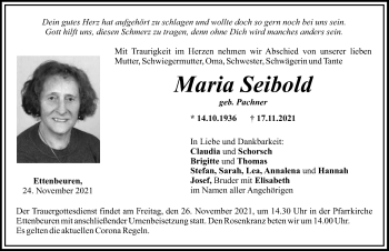 Traueranzeige von Maria Seibold von Augsburg-Land