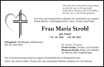 Traueranzeige von Maria Strobl von Günzburger Zeitung