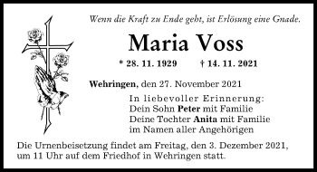 Traueranzeige von Maria Voss von Schwabmünchner Allgemeine