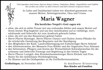 Traueranzeige von Maria Wagner von Schwabmünchner Allgemeine