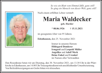 Traueranzeige von Maria Waldecker von Mittelschwäbische Nachrichten