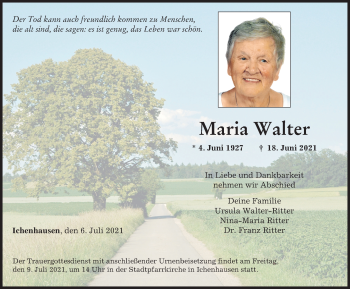 Traueranzeige von Maria Walter von Günzburger Zeitung