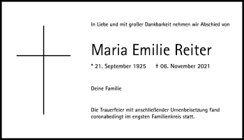 Traueranzeige von Maria Emilie Reiter von Illertisser Zeitung