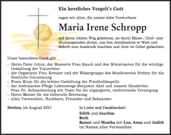 Traueranzeige von Maria Irene Schropp von Mindelheimer Zeitung