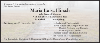 Traueranzeige von Maria Luisa Hirsch von Augsburger Allgemeine